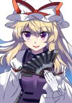 1girl blonde_hair commentary_request e.o. fan gloves hat hat_ribbon highres holding holding_fan long_hair long_sleeves looking_at_viewer mob_cap open_mouth red_ribbon ribbon simple_background smile solo tabard touhou violet_eyes white_background white_gloves yakumo_yukari 