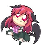  1girl animated animated_gif bat_wings black_footwear blush_stickers chibi commentary daniel_renard demon_girl demon_tail demon_wings dress dress_shirt fangs flapping gift head_wings holding holding_gift koakuma long_hair necktie red_eyes red_neckwear redhead shirt shoes skirt skirt_set socks solo succubus tail touhou transparent_background vest white_legwear wings 