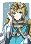  1girl artist_request blonde_hair blue_background blue_eyes blue_hair crown earrings feather_trim fire_emblem fire_emblem_heroes fjorm_(fire_emblem_heroes) gradient_hair hand_on_own_head highres jewelry multicolored_hair short_hair smile sparkle striped vertical_stripes 