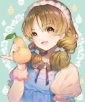  1girl :d bangs black_ribbon blue_ribbon blush brown_hair ells eyebrows_visible_through_hair food fruit hair_ribbon hairband holding holding_food holding_fruit leaf leaf_background long_hair looking_at_viewer low_twintails neck_ribbon open_mouth orange_eyes original parted_bangs pinky_out puffy_short_sleeves puffy_sleeves ribbon short_sleeves smile solo tareme twintails upper_body water_drop wrist_cuffs 