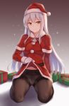  1girl alternate_costume black_legwear cai_geng capelet christmas fur_trim gloves hat kantai_collection kneeling lifted_by_self long_hair merry_christmas panties panties_under_pantyhose pantyhose santa_costume santa_hat shoukaku_(kantai_collection) skirt skirt_lift solo underwear white_gloves 