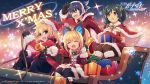  2boys 2girls azure_striker_gunvolt azure_striker_gunvolt_2 bell blonde_hair blue_hair braid christmas gift gunvolt hatakeyama_yoshitaka highres inti_creates lumen_(gunvolt) merry_christmas multicolored_hair multiple_boys multiple_girls official_art ouka_(gunvolt) santa_costume sleigh smile spiky_hair twin_braids two-tone_hair watermark xiao_wu_(gunvolt) 