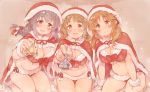  3girls 7010 barefoot bikini blush bow breasts brown_eyes brown_hair christmas cleavage commentary_request eyebrows_visible_through_hair fur_trim grey_hair hair_bow hat idolmaster idolmaster_cinderella_girls large_breasts long_hair looking_at_viewer mimura_kanako multiple_girls napkin navel open_mouth plump pom_pom_(clothes) red_bikini red_bow sakakibara_satomi santa_bikini santa_costume santa_hat short_hair side-tie_bikini smile spoon swimsuit totoki_airi twintails 