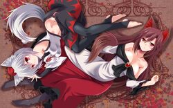  2girls animal_ears autumn_leaves bare_shoulders black_legwear black_skirt blush breasts brooch brown_hair collarbone detached_sleeves dress groin hat highres imaizumi_kagerou inubashiri_momiji jewelry large_breasts leaf long_hair long_skirt long_sleeves looking_at_viewer medium_breasts medium_skirt multicolored multicolored_clothes multicolored_skirt multiple_girls navel off-shoulder_shirt off_shoulder pom_pom_(clothes) red_eyes red_skirt ribbon-trimmed_sleeves ribbon_trim shirt short_hair sideboob silver_hair skirt sleeveless sleeveless_shirt tail thigh-highs tokin_hat touhou turtleneck white_shirt wide_sleeves wolf_ears wolf_tail yamu_(reverse_noise) 