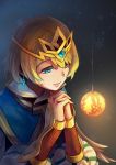  1girl blonde_hair blue_eyes christmas_ornaments dress earrings fire_emblem fire_emblem_heroes fjorm_(fire_emblem_heroes) gauntlets hair_between_eyes hands_clasped interlocked_fingers jewelry kurieto_(gtchuang) lips own_hands_together portrait short_hair signature snowflake_background snowflakes solo tiara 