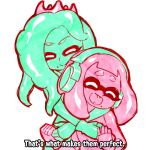 2girls crown domino_mask english_text fingerless_gloves gloves happy headphones hug hug_from_behind lowres marina_(splatoon) mask mike_inel mole mole_under_mouth multiple_girls octarian pearl_(splatoon) personality_switch smile splatoon splatoon_2 tentacle_hair