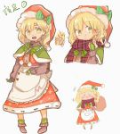  +++ 1girl :d adapted_costume ankle_boots apron blonde_hair blush_stickers boots bow braid capelet chibi_inset fingerless_gloves gloves hair_bow hair_ribbon hat kirisame_marisa long_skirt long_sleeves looking_at_viewer medium_hair open_mouth ovo plaid plaid_scarf puffy_sleeves ribbon sack santa_costume santa_hat scarf side_braid single_braid skirt skirt_set smile socks star star_print teeth touhou v-shaped_eyebrows vest waist_apron yellow_eyes 