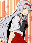  1girl :d brown_eyes commentary_request hachimaki hakama_skirt headband japanese_clothes kantai_collection long_hair looking_at_viewer muneate open_mouth pleated_skirt shoukaku_(kantai_collection) silver_hair skirt smile solo yukimi_unagi 