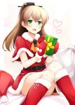  1girl :d alternate_costume belt belt_buckle box brown_hair buckle gift gift_box gloves green_eyes hat hat_removed headwear_removed heart kantai_collection kumano_(kantai_collection) long_hair mittens open_mouth pom_pom_(clothes) red_gloves rui_shi_(rayze_ray) santa_costume santa_hat smile solo 