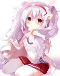  1girl animal_ears azur_lane bangs breasts camisole collarbone commentary_request eyebrows_visible_through_hair fuuna_thise hair_between_eyes hair_grab hair_ornament hairband jacket laffey_(azur_lane) long_hair looking_at_viewer parted_lips pink_jacket pleated_skirt rabbit_ears red_eyes red_hairband red_skirt silver_hair simple_background sitting skirt small_breasts solo thigh-highs twintails very_long_hair white_background white_camisole white_legwear yokozuwari 