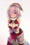  1girl asahi_(fullmetal_madness) bare_shoulders blush breasts cleavage cleavage_cutout fate/grand_order fate_(series) fur_trim gloves hair_over_one_eye hat holding large_breasts mash_kyrielight navel purple_hair red_gloves red_legwear sack santa_costume santa_hat short_hair skirt smile solo sweatdrop thigh-highs v_arms violet_eyes 