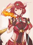  1girl blush breasts covered_navel earrings fingerless_gloves fire gloves hair_ornament pyra_(xenoblade) jewelry large_breasts looking_at_viewer ma-hain-scarlet red_eyes redhead short_hair shorts sidelocks simple_background smile solo tiara white_background xenoblade xenoblade_2 