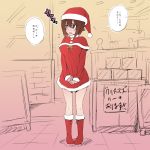  1girl bell boots brown_hair dress fur_trim girls_und_panzer hat nakahira_guy nishizumi_maho santa_boots santa_costume santa_hat short_hair sketch 