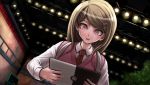  1girl ahoge akamatsu_kaede backpack bag bangs blonde_hair dangan_ronpa eyebrows game_cg gym hair_ornament hairclip highres holding indoors komatsuzaki_rui long_hair looking_down musical_note musical_note_hair_ornament necktie new_dangan_ronpa_v3 official_art open_mouth parted_bangs randoseru school_uniform solo staff_(music) sweater_vest tablet tree violet_eyes 