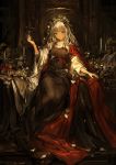  1girl black_dress cape cup dress drinking_glass halo highres laurel_crown lm7_(op-center) long_hair original red_cape red_eyes sitting white_hair wine_glass 