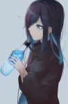  1girl ? bangs black_sweater blue_eyes blue_hair bottle commentary_request eyebrows_visible_through_hair grey_background hair_over_one_eye highres long_hair migihidari_(puwako) original simple_background solo sweater 