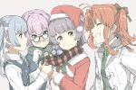  4girls ^_^ arare_(kantai_collection) black_dress blue_eyes brown_hair brown_scarf buttons closed_eyes commentary_request dress fur_trim gloves grey_background grey_hair grin hat jacket kagerou_(kantai_collection) kantai_collection kasumi_(kantai_collection) light_smile long_hair long_sleeves multiple_girls ninimo_nimo pinafore_dress pink_hair plaid plaid_scarf pom_pom_(clothes) remodel_(kantai_collection) santa_costume santa_hat scarf shiranui_(kantai_collection) shirt short_hair side_ponytail simple_background smile twintails white_gloves white_jacket white_shirt yellow_eyes 