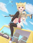  1girl ahoge aircraft airplane animal_ears assault_rifle bangs black_legwear blue_eyes blue_footwear blue_shorts blue_sky car car_interior cat_ears clouds cloudy_sky collared_shirt commentary_request day dress_shirt dropping eyebrows_visible_through_hair fang flying fn_scar glint ground_vehicle gun hair_ornament hair_scrunchie holding holding_weapon k_mugura knee_up long_hair looking_at_viewer low_twintails military military_vehicle motor_vehicle necktie open_mouth original outdoors playerunknown&#039;s_battlegrounds red_eyes red_neckwear rifle scrunchie shirt shoelaces short_shorts shorts sitting sky solo steering_wheel thigh-highs tree trigger_discipline twintails weapon white_shirt 