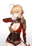  1girl absurdres aestus_estus ahoge belt blush braid breasts chains cleavage degu_guke eyebrows_visible_through_hair fate/grand_order fate_(series) french_braid gloves green_eyes hair_between_eyes hair_ornament hand_to_own_mouth highres large_breasts looking_at_viewer nero_claudius_(fate) nero_claudius_(fate)_(all) red_ribbon ribbon solo thighs white_background white_gloves 