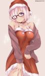  1girl bangs bare_shoulders black-framed_eyewear blush bra_strap breasts brown_background brown_cardigan cardigan cleavage collarbone commentary_request dress eyebrows_visible_through_hair fate/grand_order fate_(series) fur-trimmed_dress fur-trimmed_hat glasses hair_between_eyes hair_over_one_eye hat long_sleeves mash_kyrielight medium_breasts open_cardigan open_clothes parted_lips pink_hair red_dress red_hat santa_costume santa_hat simple_background sleeves_past_wrists smile solo strapless strapless_dress tasora tube_dress twitter_username violet_eyes 