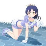  1girl all_fours bangs blue_dress blue_hair blush choker commentary_request dress frills getsumen gloves hair_between_eyes jewelry long_hair looking_at_viewer love_live! love_live!_school_idol_project music_s.t.a.r.t!! paw_pose ribbon simple_background skirt smile solo sonoda_umi tiara white_gloves yellow_eyes 