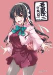  1girl black_hair bow breasts coat dress fang hair_ribbon kantai_collection large_breasts long_hair looking_at_viewer mikage_takashi multicolored_hair naganami_(kantai_collection) open_mouth pantyhose_removed pink_hair red_dress ribbon smile solo translation_request yellow_eyes 