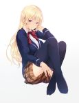  1girl absurdres blazer blonde_hair bow bowtie breasts cait full_body gradient highres jacket large_breasts long_hair looking_at_viewer nakiri_erina navy_blue_legwear no_shoes parted_lips plaid plaid_skirt school_uniform shokugeki_no_souma skirt solo thigh-highs toes violet_eyes 