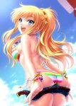  1girl ass beach_umbrella belt bikini blonde_hair blue_eyes blue_sky bracelet clouds commentary_request denim denim_shorts from_behind idolmaster idolmaster_cinderella_girls jewelry long_hair looking_at_viewer multicolored multicolored_bikini multicolored_clothes necklace ootsuki_yui open_mouth outdoors ponytail shorts sky smile solo striped striped_bikini swimsuit umbrella undressing wavy_hair zen 