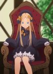  1girl abigail_williams_(fate/grand_order) armchair bangs black_bow black_dress black_hat blonde_hair bloomers blue_eyes blurry blurry_background bow butterfly chair closed_mouth commentary_request depth_of_field dress fate/grand_order fate_(series) forehead hair_bow hat highres long_hair long_sleeves looking_at_viewer orange_bow parted_bangs polka_dot polka_dot_bow sitting sleeves_past_wrists smile solo sonri underwear very_long_hair white_bloomers 