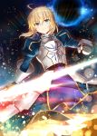  1girl ahoge armor armored_dress artoria_pendragon_(all) bangs blonde_hair blue_dress braid breastplate closed_mouth commentary_request dress eclipse excalibur eyebrows_visible_through_hair fate/grand_order fate/stay_night fate_(series) faulds floating_hair french_braid gabiran gauntlets glowing glowing_sword glowing_weapon green_eyes hair_between_eyes hair_bun hand_up holding holding_sword holding_weapon juliet_sleeves light_particles long_dress long_sleeves looking_at_viewer puffy_sleeves saber serious shiny shiny_hair short_hair sidelocks solo standing sword weapon wind 