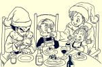  2boys 2girls arms_up baby black_eyes black_hair black_shirt bra_(dragon_ball) brother_and_sister bulma cake chair closed_eyes dragon_ball eating family father_and_son food fork frown happy hat image_sample lee_(dragon_garou) long_sleeves looking_at_another monochrome mother_and_son multiple_boys multiple_girls open_mouth overalls plate santa_hat serious shirt short_hair siblings sitting trunks_(dragon_ball) twitter_sample vegeta 