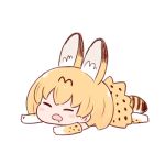  1girl animal_ears batta_(ijigen_debris) blonde_hair chibi closed_eyes commentary_request drooling extra_ears kemono_friends lying on_stomach serval_(kemono_friends) serval_ears serval_tail simple_background sleeping solo tail white_background 