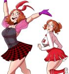  1girl alternate_costume blush brown_eyes brown_hair cheerleader choker commentary gloves hair_ribbon okumura_haru persona persona_5 persona_5:_dancing_star_night plaid plaid_skirt purple_gloves red_legwear red_ribbon ribbon scruffyturtles short_hair skirt socks 