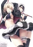  2girls :o ahoge akita_hika apron arms_up artoria_pendragon_(all) artoria_pendragon_(swimsuit_rider_alter) ass bikini bikini_under_clothes black_bikini black_jacket black_legwear black_neckwear black_ribbon blonde_hair blush breasts brown_eyes eyebrows_visible_through_hair fate/grand_order fate_(series) food food_in_mouth frilled_apron frilled_bikini frilled_skirt frills hair_between_eyes headpiece highres jacket jeanne_alter jeanne_d&#039;arc_(alter)_(fate) jeanne_d&#039;arc_(fate)_(all) large_breasts leg_garter long_sleeves looking_at_viewer looking_back maid_bikini maid_headdress medium_breasts mop mouth_hold multiple_girls neck_ribbon open_clothes open_jacket popsicle ribbon saber_alter short_hair sideboob silver_hair simple_background skirt standing swimsuit thigh-highs thigh_gap thighs tsurime under_boob upskirt v-shaped_eyebrows waist_apron white_apron white_background yellow_eyes 