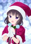  1girl :d blend_s blush bow bowtie brown_hair christmas collarbone commentary_request eyebrows_visible_through_hair gloves green_neckwear hands_together hat long_hair looking_at_viewer low_twintails open_mouth sakuranomiya_maika santa_costume santa_hat short_sleeves smile solo teeth twintails upper_body upper_teeth violet_eyes white_gloves yutsuki_warabi 