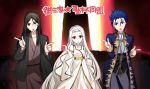  1girl 2boys back_alley_alliance black_eyes black_hair blue_eyes blue_hair dress fate/stay_night fate_(series) great_grail japanese_clothes justeaze_lizrich_von_einzbern kimono long_hair matou_zouken multiple_boys red_eyes toosaka_nagato white_hair ycco_(estrella) yukata 