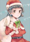  1girl arare_(kantai_collection) bag bangs belt black_hair bow bowtie brown_eyes coat eyebrows_visible_through_hair green_bow green_neckwear hat itomugi-kun kantai_collection long_sleeves sack santa_costume santa_hat short_hair solo 