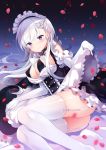  1girl ass azur_lane belfast_(azur_lane) black_bra bra braid breasts elbow_gloves erect_nipples french_braid gloves highres large_breasts leg_garter lying maid_headdress on_side petals smile solo thigh-highs tougetsu_hajime underwear violet_eyes white_gloves white_hair white_legwear 