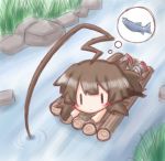  1girl ahoge bangs blush brown_hair closed_mouth commentary_request day eyebrows_visible_through_hair fish fishing grey_footwear hair_between_eyes huge_ahoge kantai_collection komakoma_(magicaltale) kuma_(kantai_collection) long_hair lying on_stomach outdoors raft rock solo stream thought_bubble very_long_hair water ||_|| 