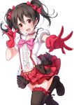  1girl black_bow black_hair black_legwear blush bokura_wa_ima_no_naka_de bow gloves heart_cutout long_hair looking_at_viewer love_live! love_live!_school_idol_project matokechi one_side_up open_mouth red_eyes red_gloves shirt simple_background skirt solo suspender_skirt suspenders thigh-highs white_background white_shirt yazawa_nico 