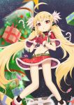  1girl :o absurdres ahoge azur_lane belt blonde_hair candy candy_cane capelet christmas christmas_tree denkouseka_akaiken eldridge_(azur_lane) food fur_trim gift hair_ornament highleg highleg_panties highres long_hair looking_at_viewer midriff miniskirt navel panties red_eyes red_skirt skirt snowing solo standing star star_hair_ornament twintails underwear very_long_hair wind wind_lift 