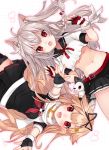  2girls :d animal_ears azur_lane bangs belt_buckle black_gloves black_ribbon black_serafuku black_shirt black_skirt blonde_hair blue_nails blush braid breasts buckle claw_pose collarbone commentary_request crop_top crossover eyebrows_visible_through_hair fang fingerless_gloves gloves hair_between_eyes hair_ornament hair_ribbon hairclip half_gloves heart highres kantai_collection long_hair medium_breasts multicolored multicolored_nail_polish multiple_girls nail_polish namesake navel neckerchief open_mouth orqz outstretched_arms pleated_skirt polka_dot polka_dot_background puffy_short_sleeves puffy_sleeves purple_nails red_belt red_eyes red_gloves red_nails red_neckwear red_ribbon remodel_(kantai_collection) ribbon scarf school_uniform serafuku shirt short_sleeves side_braid skirt smile thick_eyebrows two_side_up v-shaped_eyebrows very_long_hair white_scarf white_shirt wolf_ears yuudachi_(azur_lane) yuudachi_(kantai_collection) 