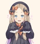  1girl abigail_williams_(fate/grand_order) bangs black_bow black_dress black_hat blonde_hair blue_eyes blush bow dress fate/grand_order fate_(series) forehead hair_bow hat long_hair long_sleeves looking_at_viewer naguri open_mouth orange_bow parted_bangs polka_dot polka_dot_bow simple_background sleeves_past_wrists smile solo upper_body very_long_hair 