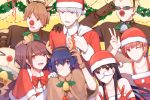  &gt;_&lt; 3boys 4girls :3 :d absurdres adjusting_eyewear adjusting_headwear amagi_yukiko animal_costume animal_ears bag bangs bell black_eyes black_hair blonde_hair blue_eyes blue_hair blunt_bangs bow bowtie brown_eyes brown_hair capelet carrying_over_shoulder christmas christmas_lights closed_mouth clown_nose collar collarbone commentary double_v dress earrings elbow_gloves eyebrows_visible_through_hair fake_animal_ears fake_antlers fake_mustache fake_nose flipped_hair furrowed_eyebrows gift_bag gloves grey_eyes grin hanamura_yousuke hand_on_another&#039;s_shoulder hand_to_head hat headband highres holly horn_grab jewelry kujikawa_rise kuma_(persona_4) long_hair looking_at_viewer looking_away multiple_boys multiple_girls narukami_yuu one_eye_closed open_mouth orange_hair parted_bangs persona persona_4 pinafore_dress purple_hair red_gloves red_neckwear reindeer_costume santa_costume santa_hat satonaka_chie shirogane_naoto short_hair sidelocks silver_hair smile spiked_collar spikes sunglasses sweatdrop swept_bangs tatsumi_kanji teeth twintails v v-shaped_eyebrows white_gloves wreath yellow_background yft000 