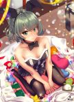  1girl animal_ears bare_shoulders black_legwear blue_eyes blurry bow_choker box breasts brown_hair bunny_girl collarbone confetti depth_of_field eyebrows_visible_through_hair fake_animal_ears feathers garter_straps gift gift_box green_eyes heterochromia highres idolmaster idolmaster_cinderella_girls infinote looking_at_viewer medium_breasts miyamoto_frederica mole mole_under_eye pina_korata rabbit_ears rainbow short_hair smile solo star takagaki_kaede thigh-highs tied_hair 