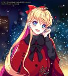  1girl :d aino_minako amick_(americanomix) artist_name bishoujo_senshi_sailor_moon black_bow blonde_hair blue_eyes blush bow bowtie cityscape coat earrings hair_bow half_updo heart jewelry long_hair looking_at_viewer multicolored multicolored_eyes night open_mouth red_bow smile solo symbol-shaped_pupils very_long_hair watermark web_address winter winter_clothes winter_coat 
