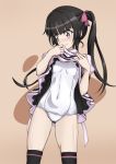  1girl bangs black_hair black_legwear blunt_bangs breasts closed_mouth commentary_request covered_navel dress dress_lift embarrassed eyebrows_visible_through_hair flat_chest fujikawa_daichi hair_ribbon legs_apart long_hair looking_at_viewer one-piece_swimsuit pink_eyes ribbon school_swimsuit senki_zesshou_symphogear shiny shiny_hair shiny_skin simple_background small_breasts solo standing swimsuit swimsuit_under_clothes thigh-highs tsukuyomi_shirabe twintails white_school_swimsuit white_swimsuit 