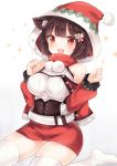  1girl :d animal_ears azur_lane bare_shoulders blush brown_hair cat_ears commentary_request fang hair_ornament hands_up hat jacket long_sleeves looking_at_viewer nikoo no_shoes open_mouth panties panty_peek red_eyes red_hat red_jacket red_skirt santa_costume santa_hat simple_background skirt smile solo sparkle sweater thigh-highs underwear white_background white_belt white_legwear white_panties white_sweater yamashiro_(azur_lane) 