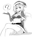  1girl ? alice_margatroid bangs belt bra breasts capelet cleavage commentary_request elbow_gloves eyebrows_visible_through_hair gloves greyscale hand_up hat kamukamu_(ars) legs_crossed looking_at_viewer medium_breasts miniskirt monochrome open_mouth panties pantyshot pantyshot_(sitting) santa_costume santa_hat simple_background sitting skirt solo spoken_question_mark thigh-highs touhou underwear white_background 