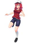  1girl :d baseball_cap blue_eyes blush breasts clothes_writing denim denim_shorts fang full_body hairband hat hibi_(handband_studios) kneehighs looking_at_viewer medium_breasts medium_hair open_mouth original red_shirt redhead shirt short_sleeves shorts smile solo standing standing_on_one_leg sweatband t-shirt tsuyohina white_background white_legwear wristband 